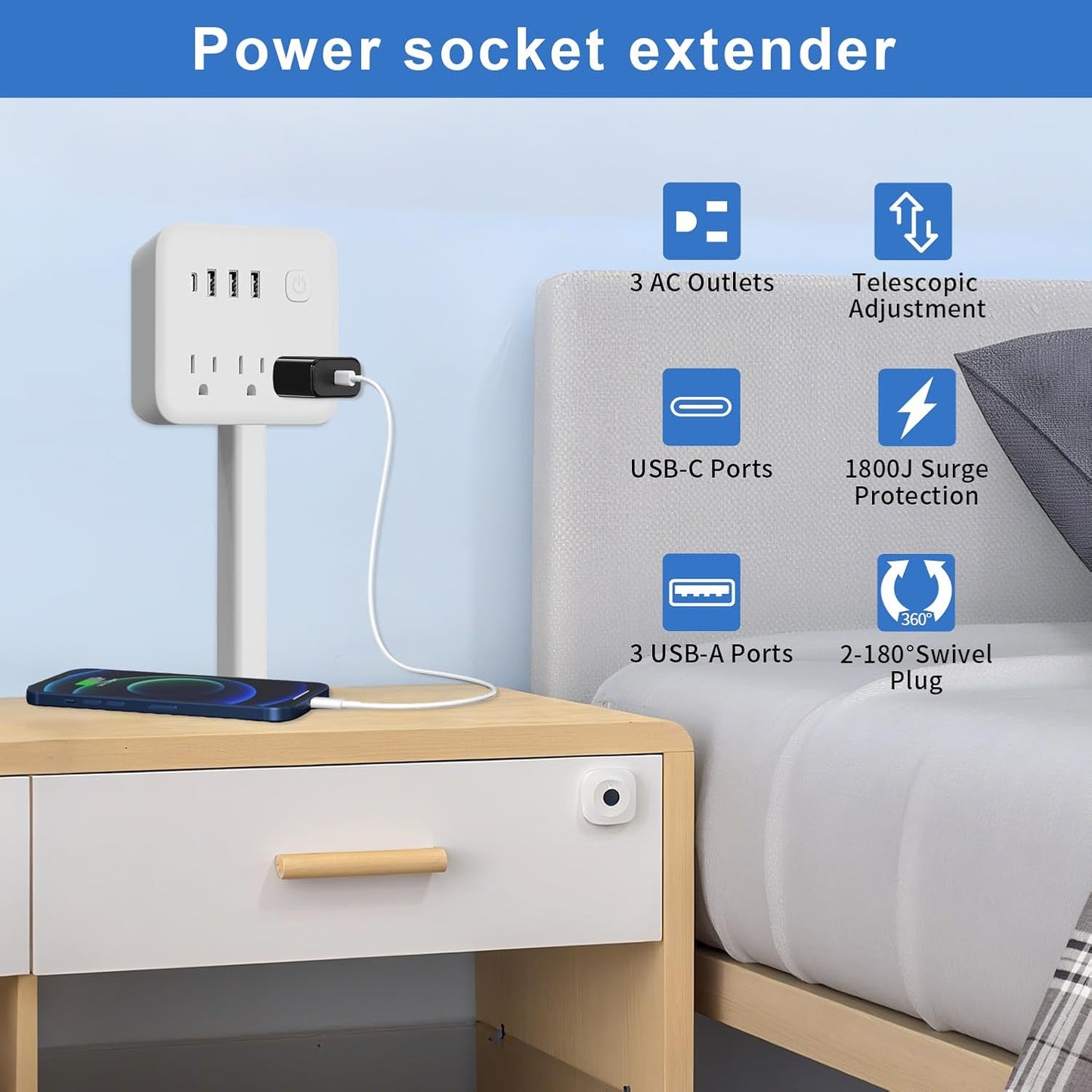 Electrical Outlet Extender Stick, 18"-28" Extendable Power Strip with 180° Rotating Plug, 2 USB-A, 1 USB-C, 3 AC Outlets, Wall Plug Extender for behind Couch, Sofa, Nightstand