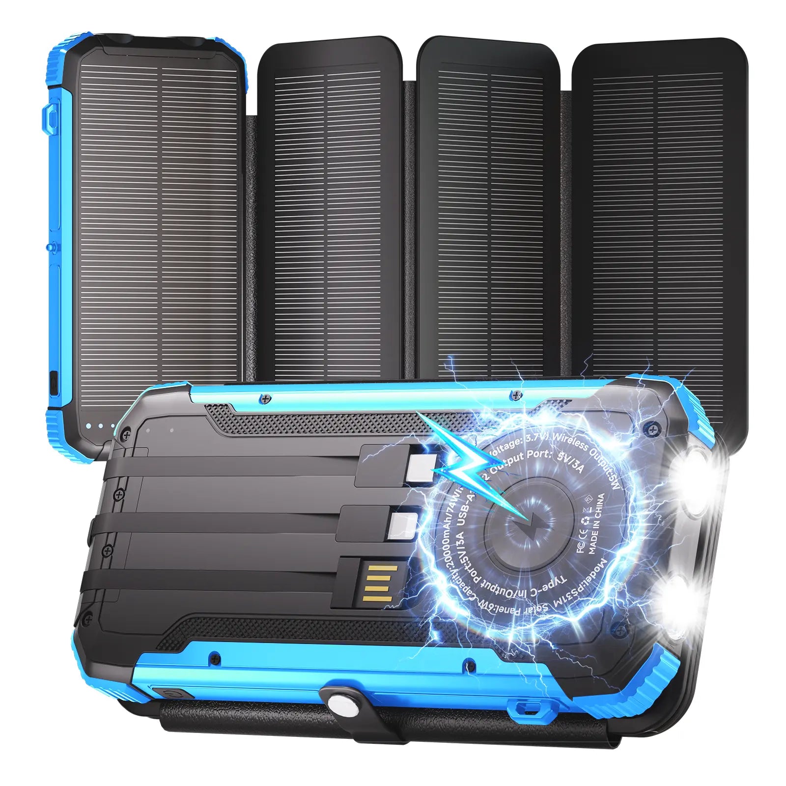 Solar Power Bank with 4 Foldable Solar Panels, Built-In Wireless Charging, PD 15W Fast Charging, 3 Built-In Cables, 6 Charging Ports, Portable Solar Charger with Dual Flashlights and Carabiner, Compatible with All Mobile Devices Waterproof USB
