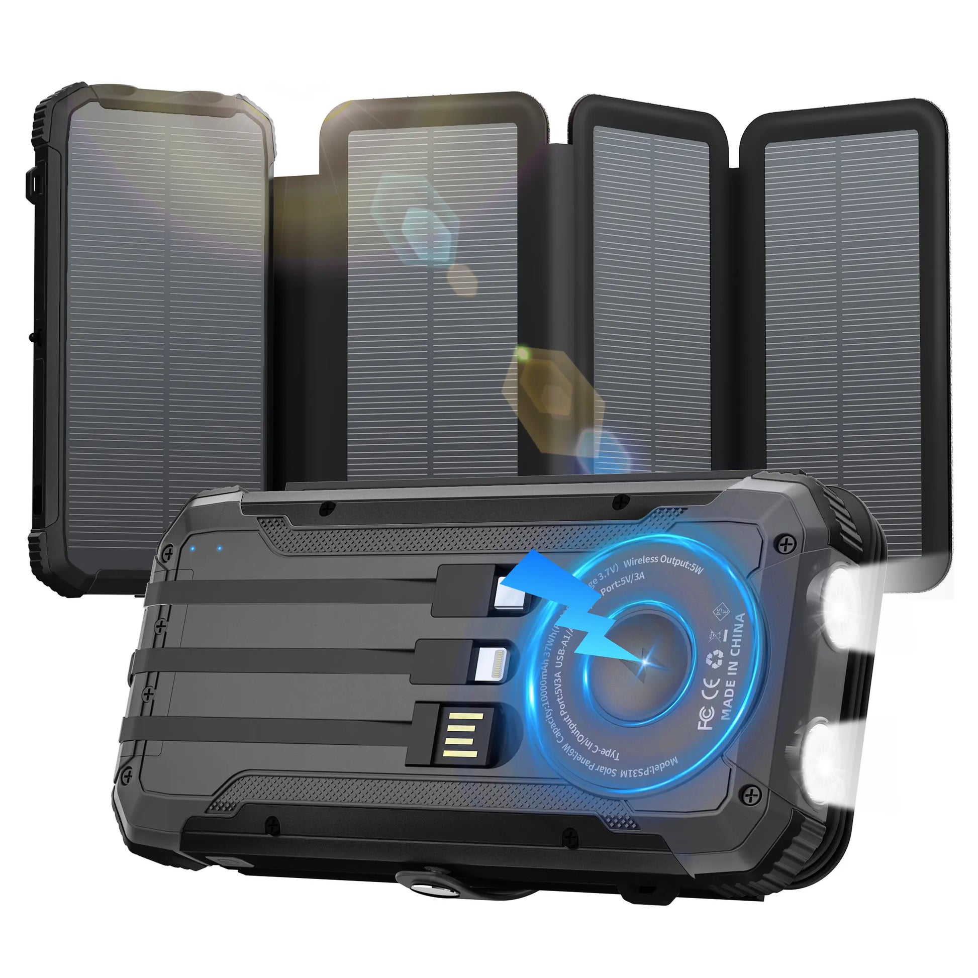 Solar Power Bank with 4 Foldable Solar Panels, Built-In Wireless Charging, PD 15W Fast Charging, 3 Built-In Cables, 6 Charging Ports, Portable Solar Charger with Dual Flashlights and Carabiner, Compatible with All Mobile Devices Waterproof USB