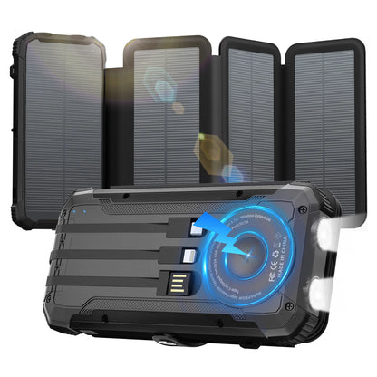 Solar Power Bank with 4 Foldable Solar Panels, Built-In Wireless Charging, PD 15W Fast Charging, 3 Built-In Cables, 6 Charging Ports, Portable Solar Charger with Dual Flashlights and Carabiner, Compatible with All Mobile Devices Waterproof USB