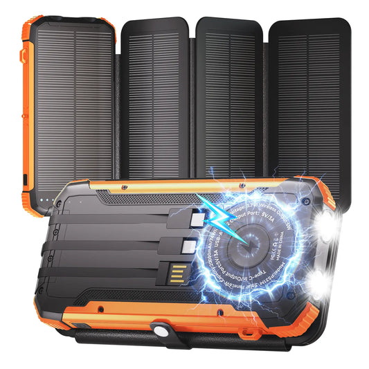 Solar Power Bank with 4 Foldable Solar Panels, Built-In Wireless Charging, PD 15W Fast Charging, 3 Built-In Cables, 6 Charging Ports, Portable Solar Charger with Dual Flashlights and Carabiner, Compatible with All Mobile Devices Waterproof USB