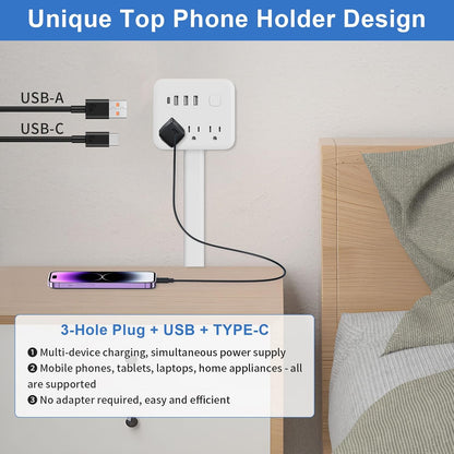 Electrical Outlet Extender Stick, 18"-28" Extendable Power Strip with 180° Rotating Plug, 2 USB-A, 1 USB-C, 3 AC Outlets, Wall Plug Extender for behind Couch, Sofa, Nightstand