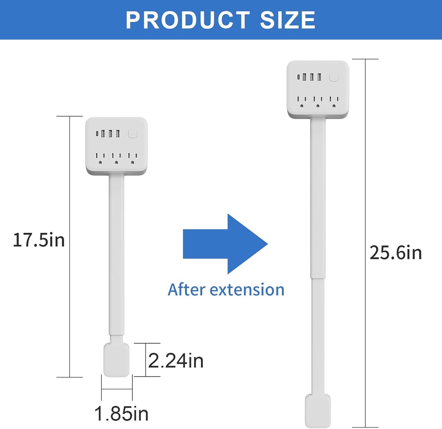 Electrical Outlet Extender Stick, 18"-28" Extendable Power Strip with 180° Rotating Plug, 2 USB-A, 1 USB-C, 3 AC Outlets, Wall Plug Extender for behind Couch, Sofa, Nightstand