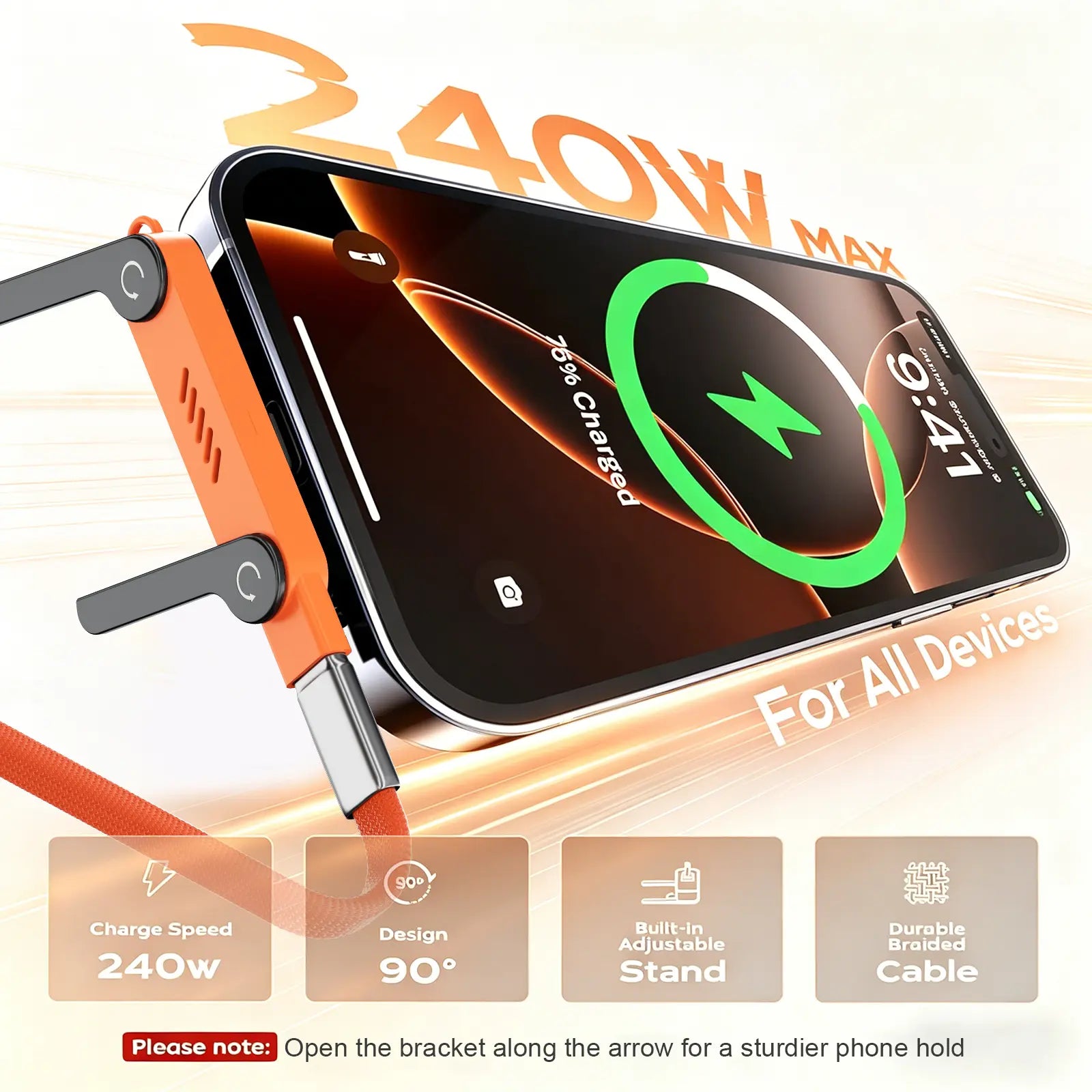MOJUE 240W Fast Charging USB-C to USB-C Flat Cable with 90-Degree Angle, 4.9FT - Compatible with iPhone 15/16/17 Series and Samsung S26/S25