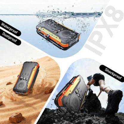 Solar Power Bank with 4 Foldable Solar Panels, Built-In Wireless Charging, PD 15W Fast Charging, 3 Built-In Cables, 6 Charging Ports, Portable Solar Charger with Dual Flashlights and Carabiner, Compatible with All Mobile Devices Waterproof USB