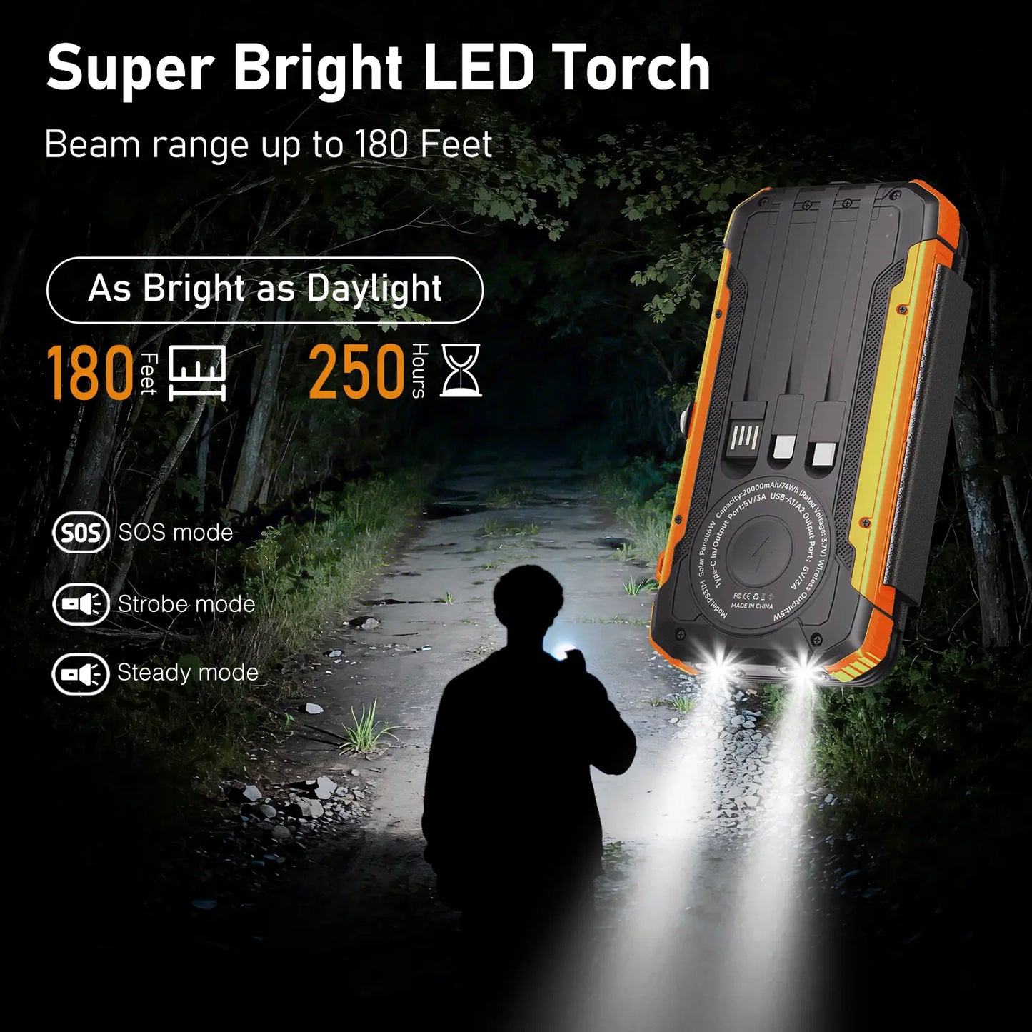 Solar Power Bank with 4 Foldable Solar Panels, Built-In Wireless Charging, PD 15W Fast Charging, 3 Built-In Cables, 6 Charging Ports, Portable Solar Charger with Dual Flashlights and Carabiner, Compatible with All Mobile Devices Waterproof USB