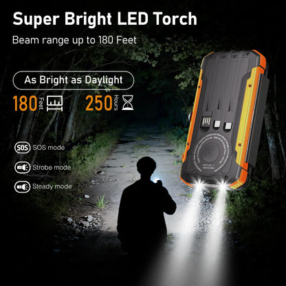 Solar Power Bank with 4 Foldable Solar Panels, Built-In Wireless Charging, PD 15W Fast Charging, 3 Built-In Cables, 6 Charging Ports, Portable Solar Charger with Dual Flashlights and Carabiner, Compatible with All Mobile Devices Waterproof USB