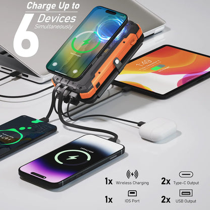 Solar Power Bank with 4 Foldable Solar Panels, Built-In Wireless Charging, PD 15W Fast Charging, 3 Built-In Cables, 6 Charging Ports, Portable Solar Charger with Dual Flashlights and Carabiner, Compatible with All Mobile Devices Waterproof USB